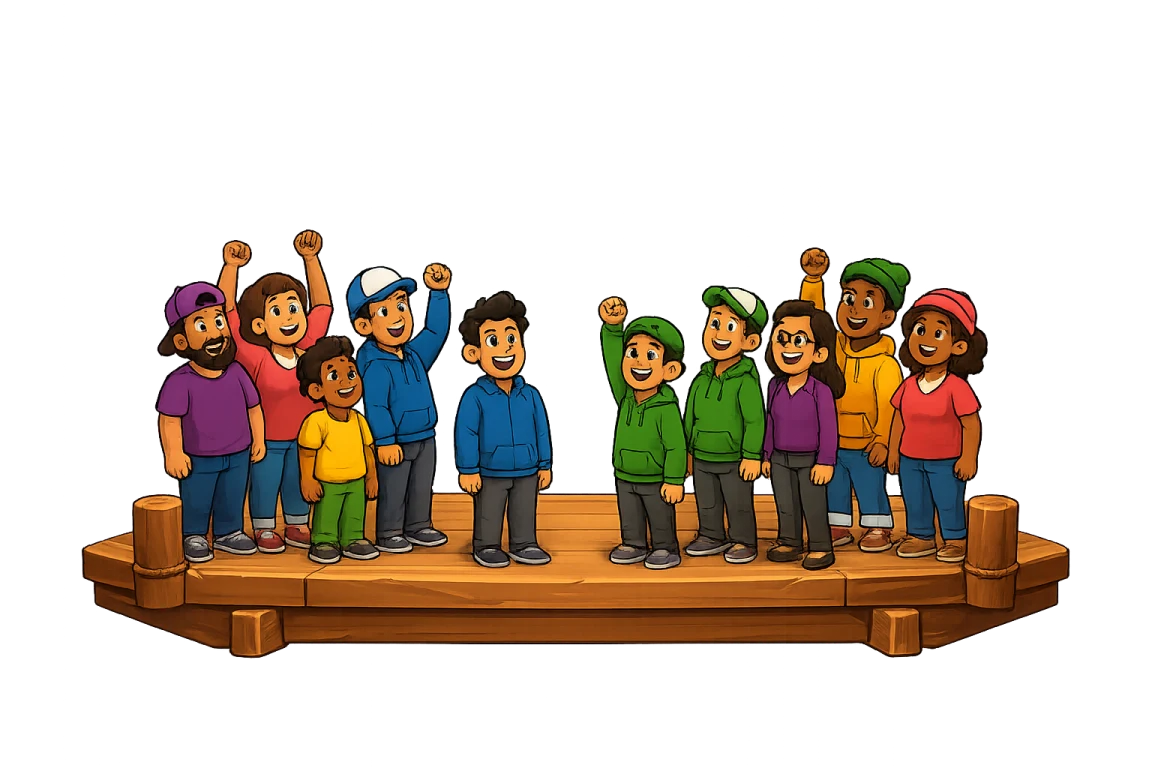 A cheerful fictional campaign crowd