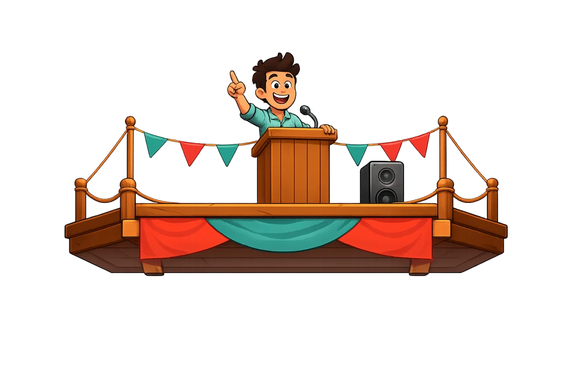 A cheerful fictional candidate at a small campaign stage